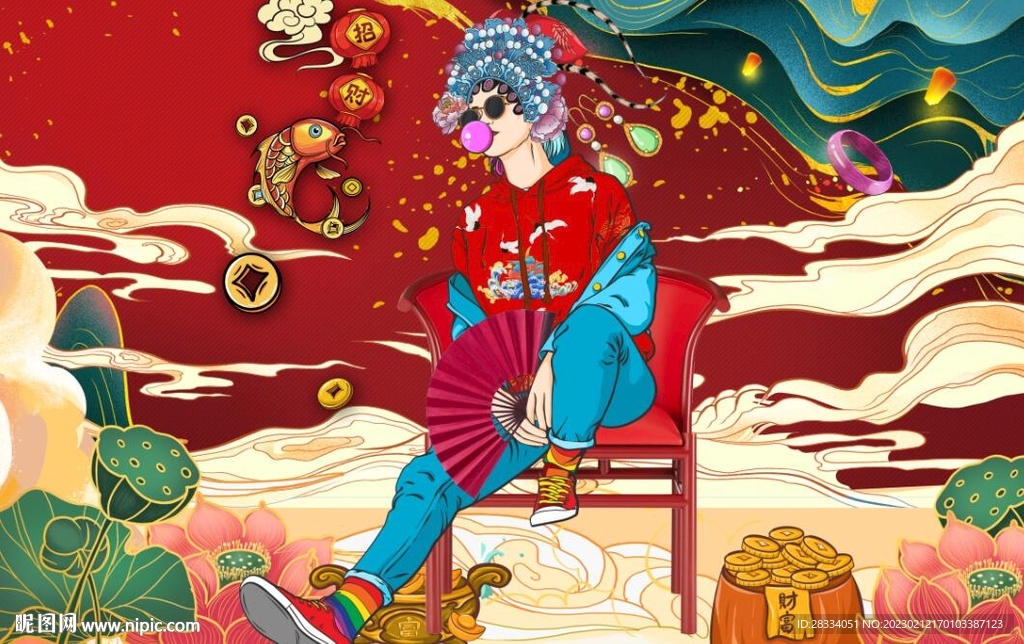 京剧花旦国潮美食餐饮背景墙