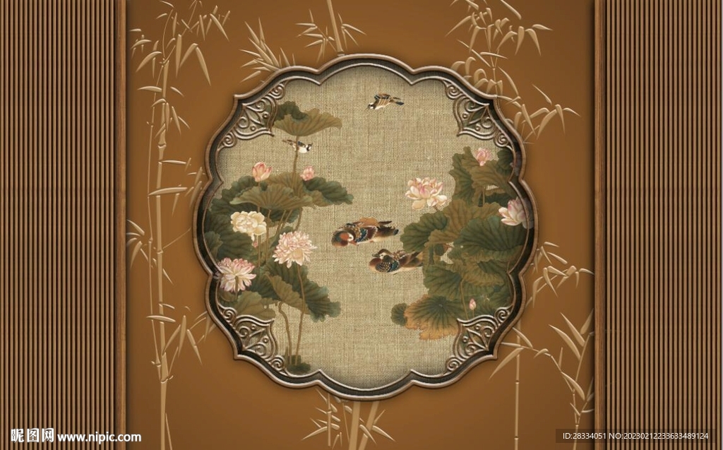 新中式荷花国画电视背景墙