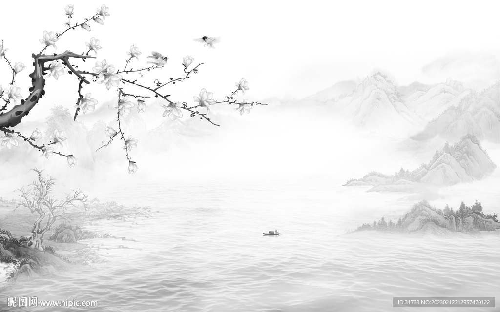 花鸟灰色别墅山水 TIF分层