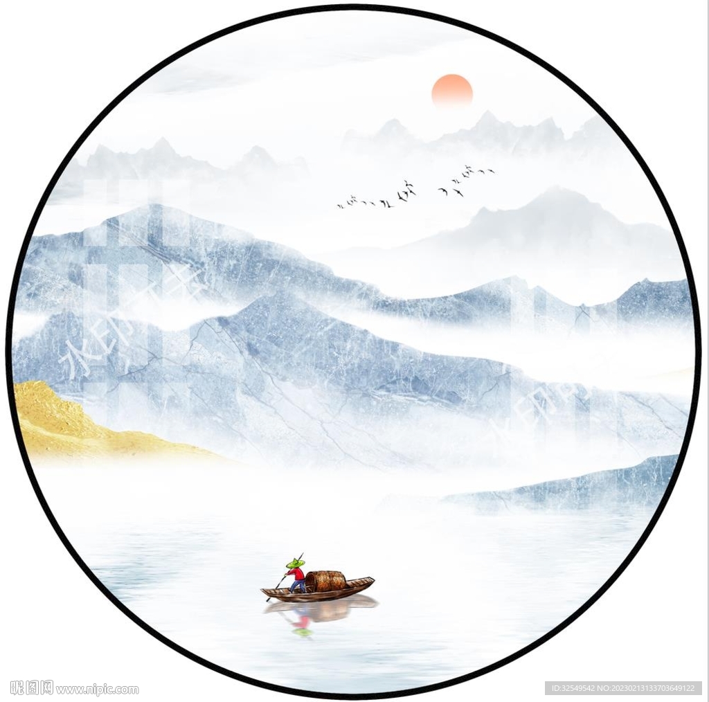 水墨国画山水圆形装饰画