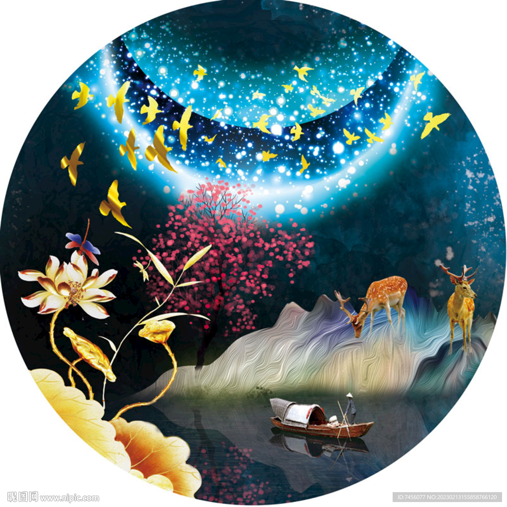 莲花湖畔水彩艺术圆形挂画装饰画