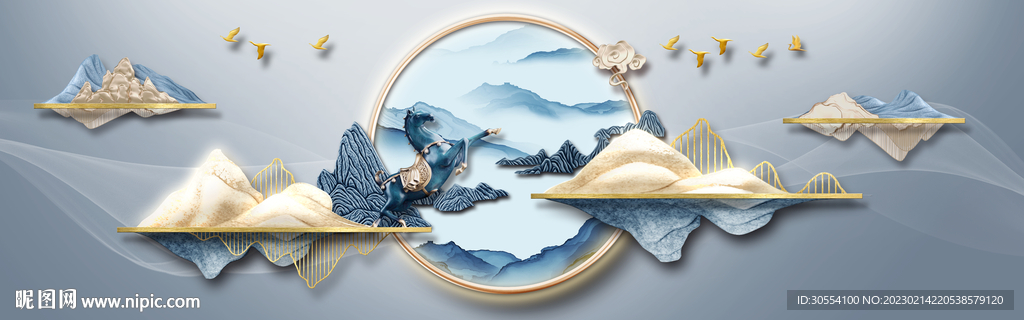 新中式金色抽象麋鹿山水床头画图