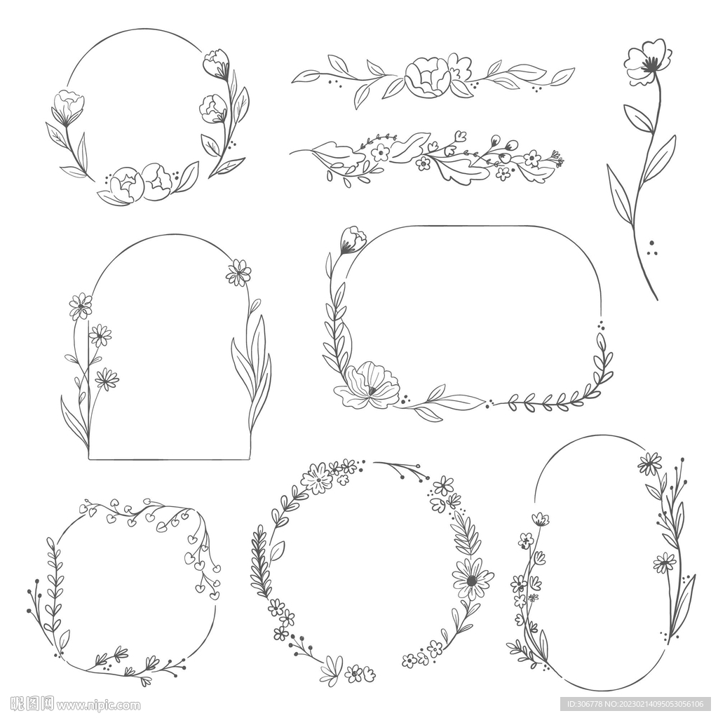  黑白线描花卉边框素材
