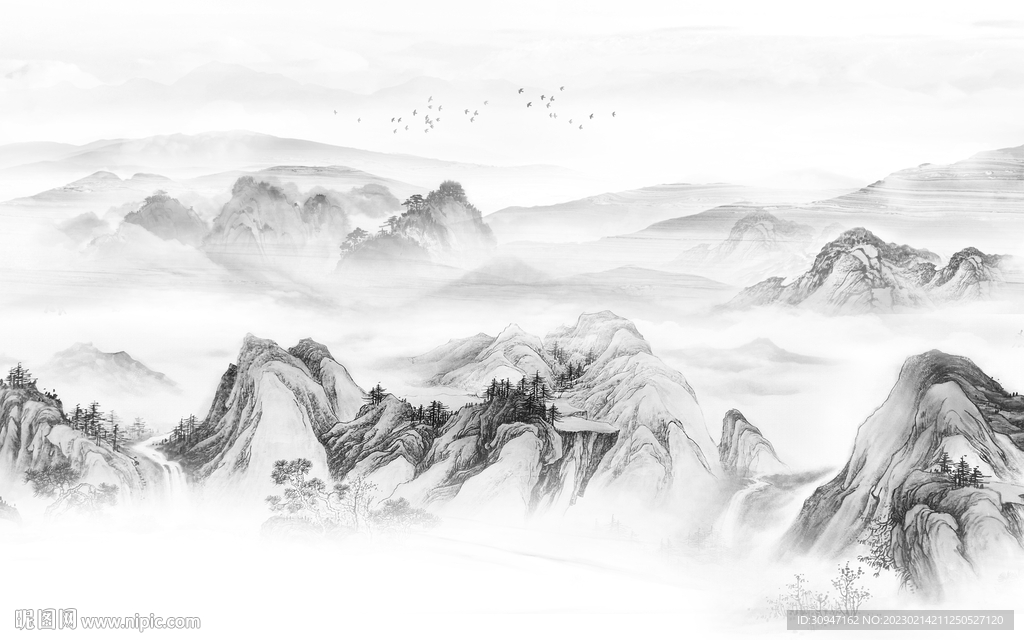 最新 意境灰色山水 Tif分层