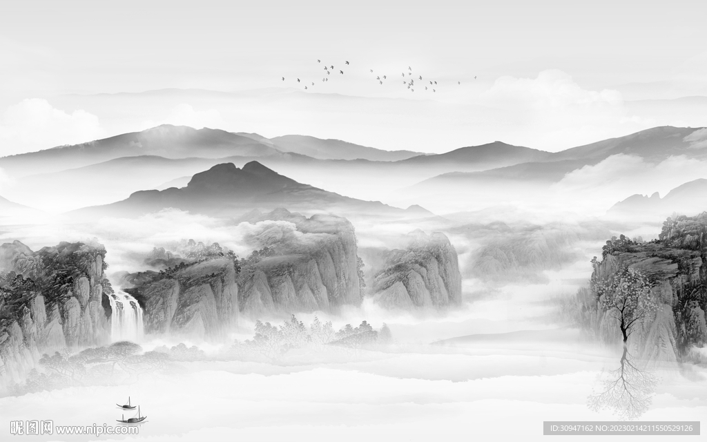 爆款 意境灰色山水 Tif分层