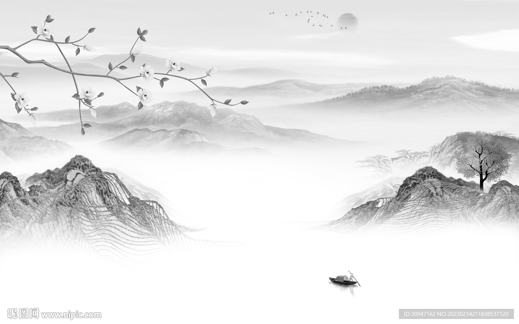 高端 灰色高雅山水 Tif分层