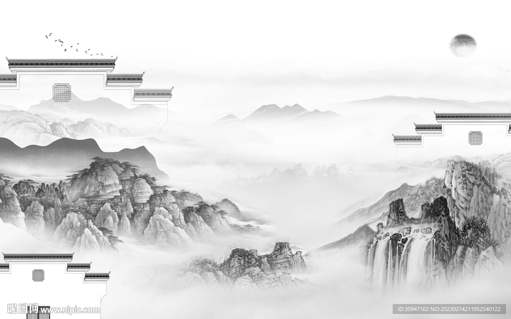 高档 灰色高雅山水 Tif分层