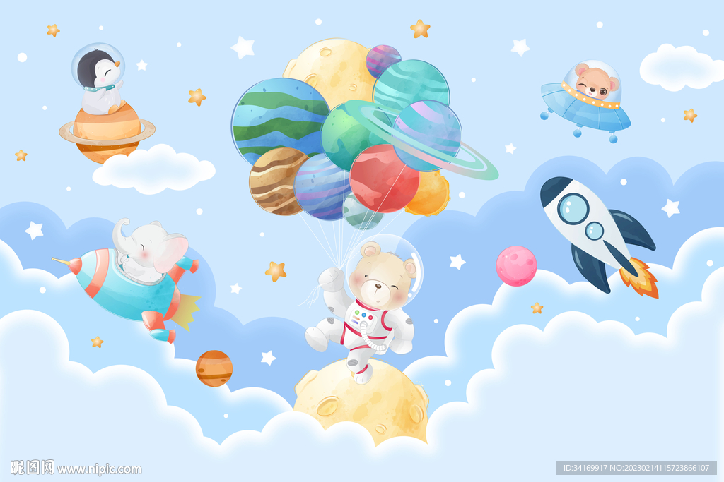 卡通太空星球手绘动物宇航员背景