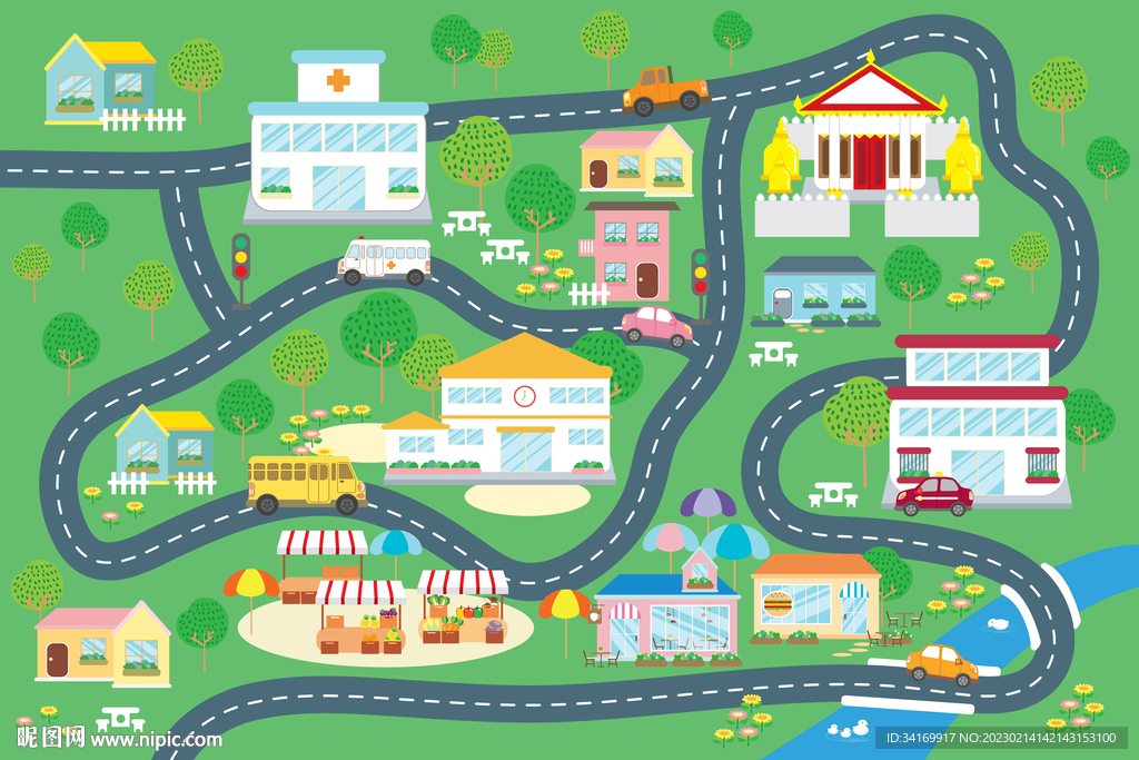 卡通城市建筑道路交通儿童背景