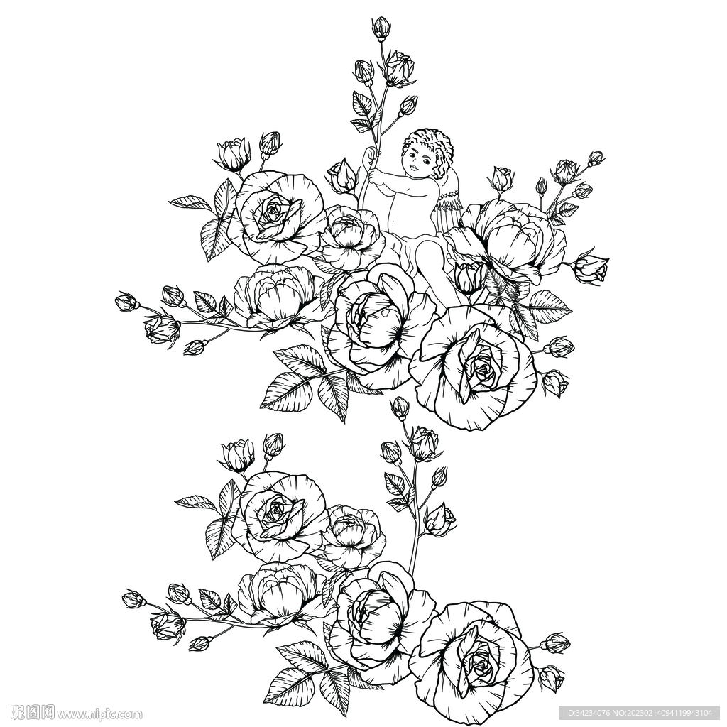 可爱花枝玫瑰天使线稿唯美手绘