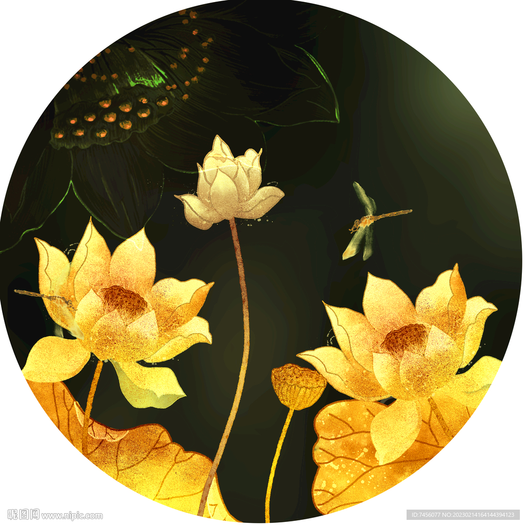蜻蜓莲花水彩圆形挂画装饰画