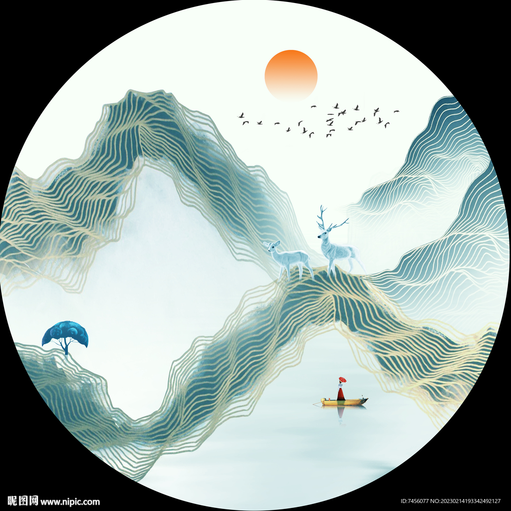 水墨山脉湖泊圆形挂画装饰画