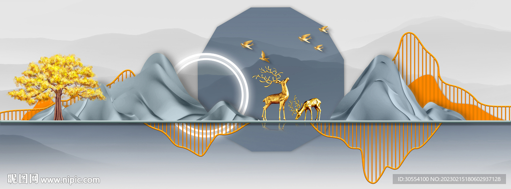 麋鹿金色山水床头画图片