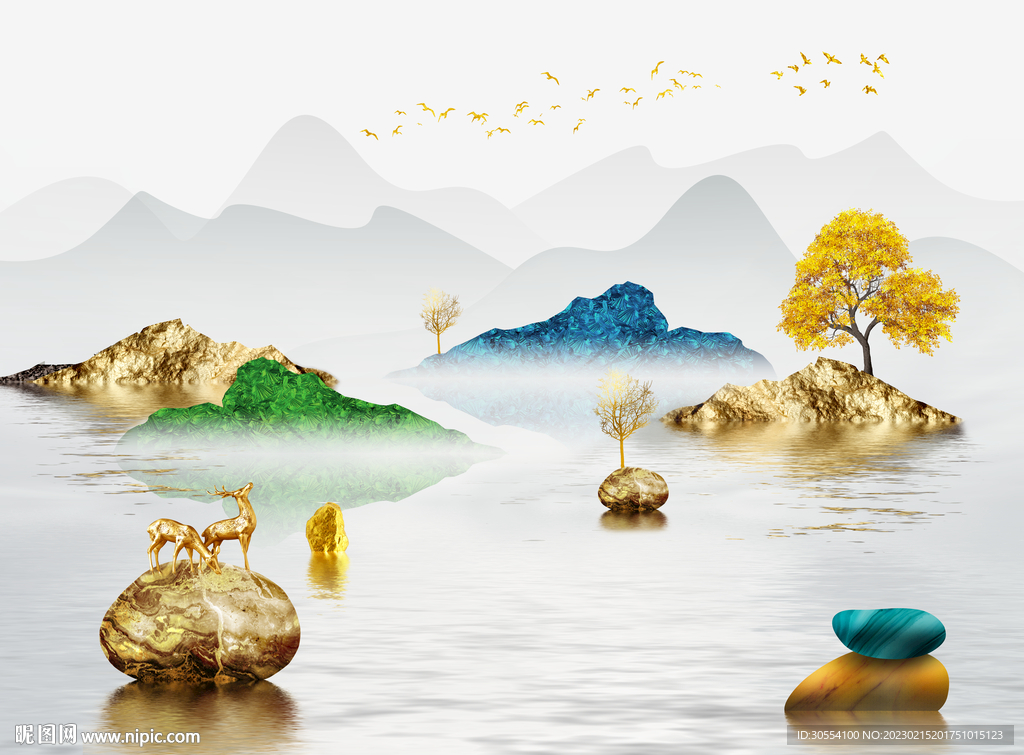 新中式烟雾飘带线条大理石爵士白