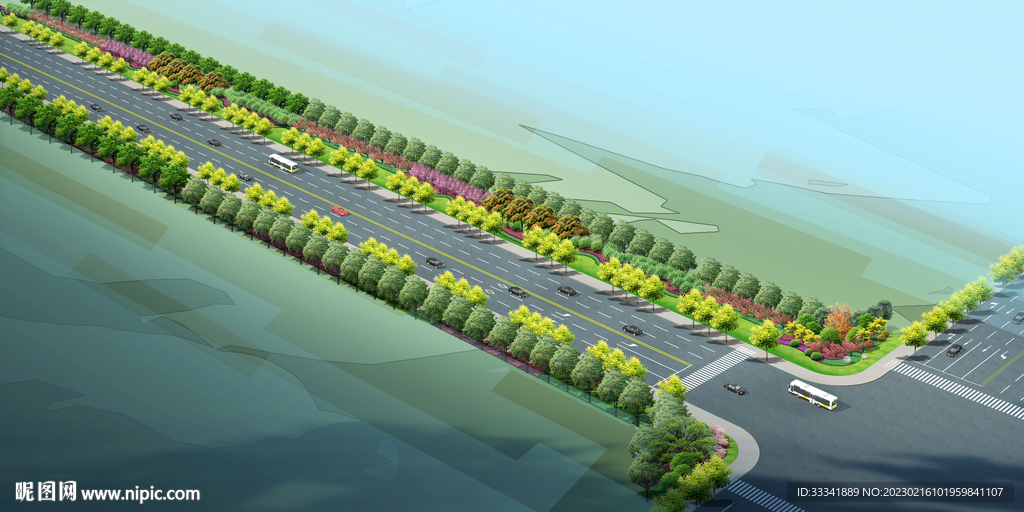 道路绿化鸟瞰效果图