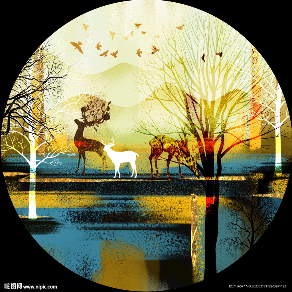 麋鹿树林圆形挂画装饰画