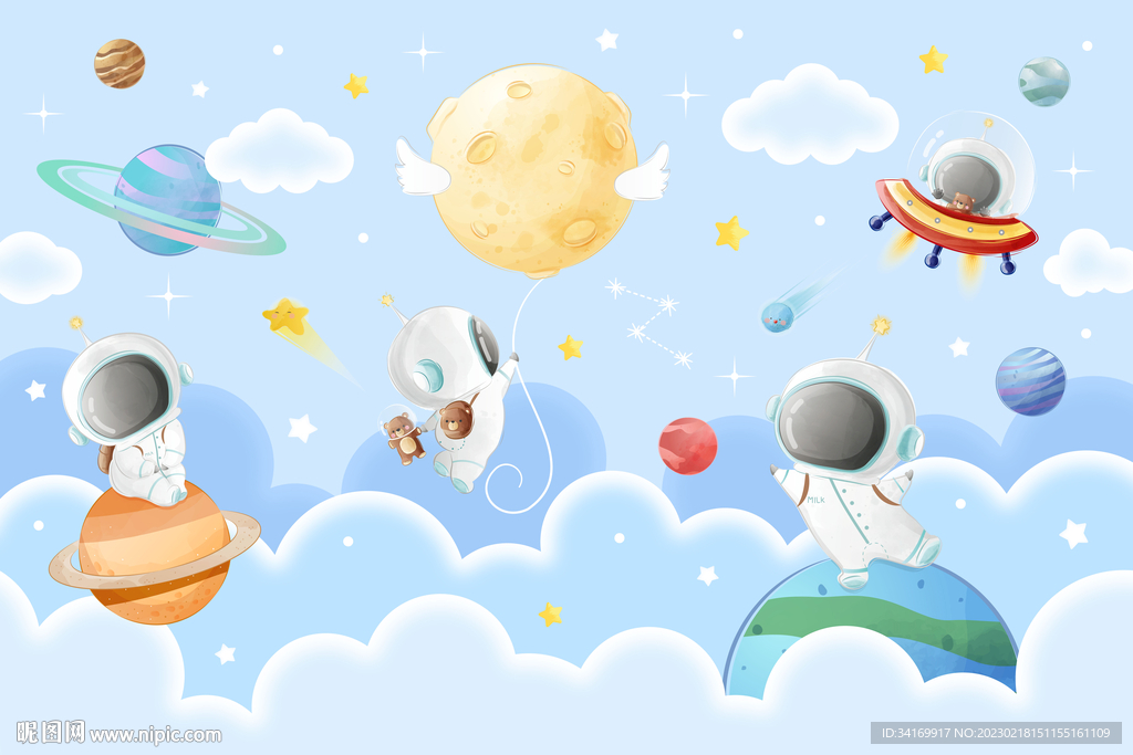 卡通太空星球手绘云朵宇航员背景