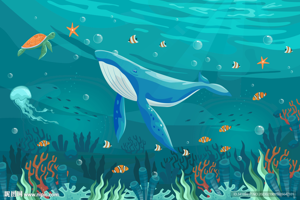 卡通鲸鱼水下海底世界珊瑚背景墙