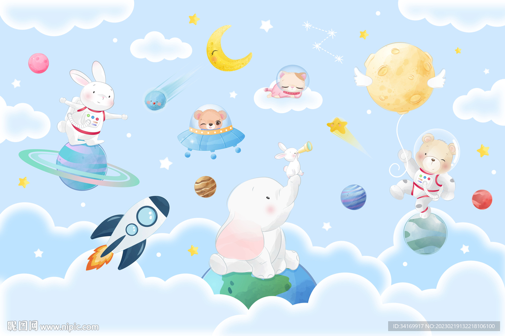 卡通太空星球手绘动物宇航员背景