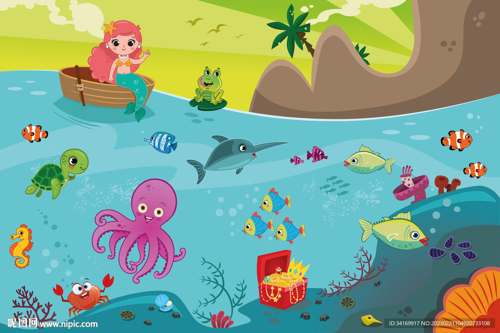 可爱美人鱼卡通水下海洋动物背景
