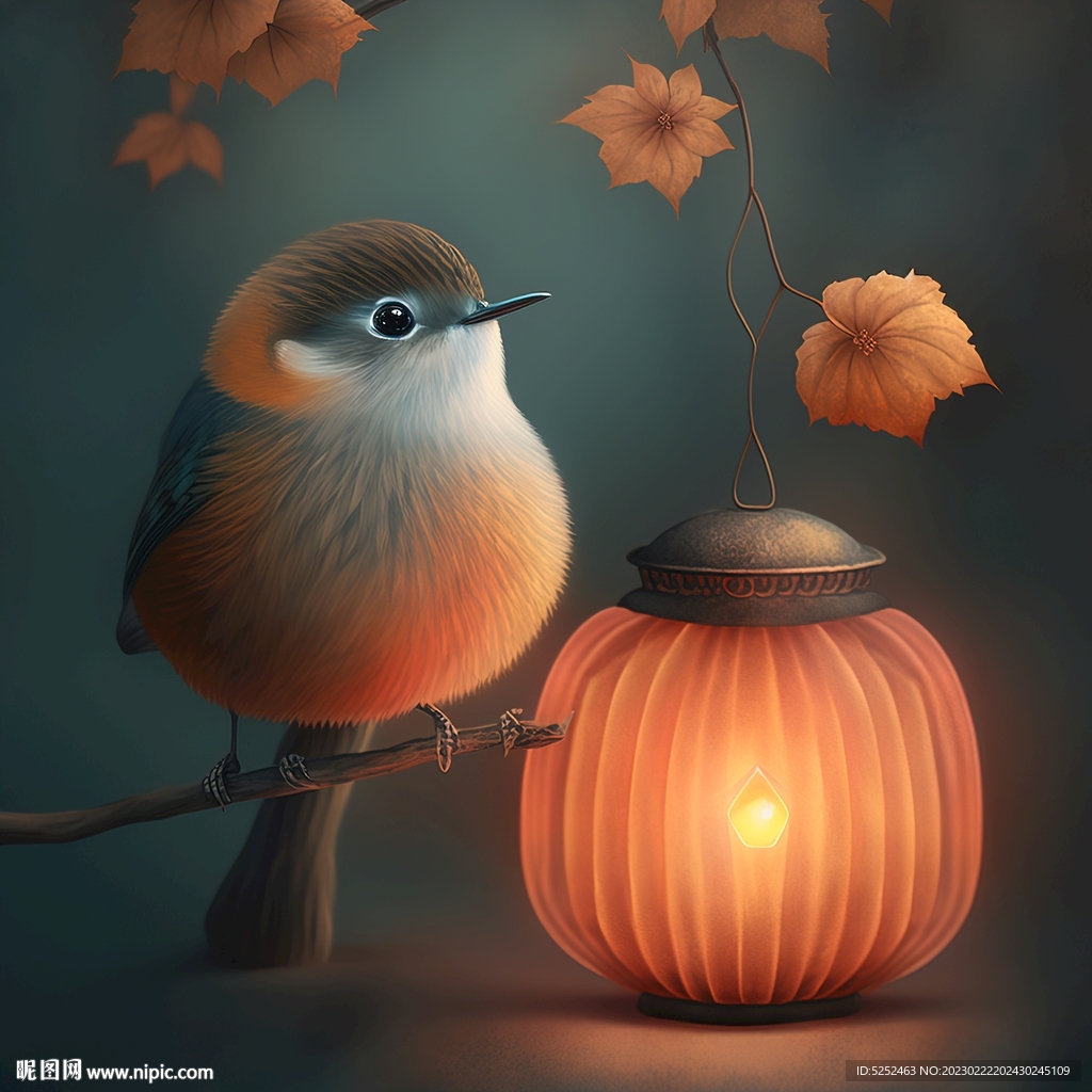 油画小鸟与灯笼
