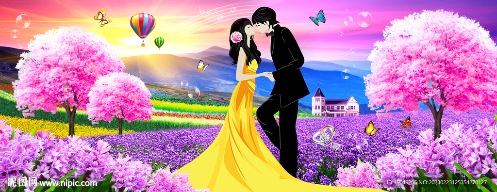 情人薰衣草樱花树时尚装饰画