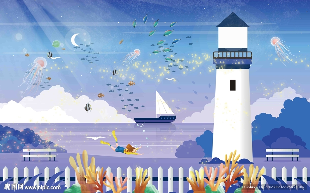 卡通海边儿童房背景墙