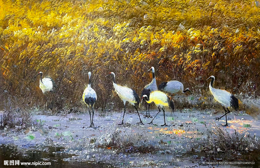 仙鹤风景油画