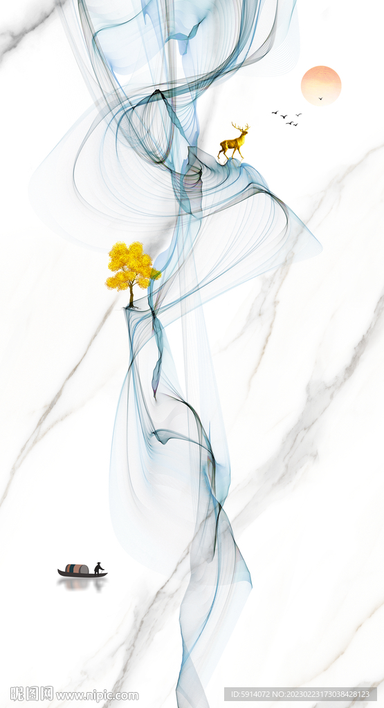 灰白根大理石玄关背景墙抽象弧线