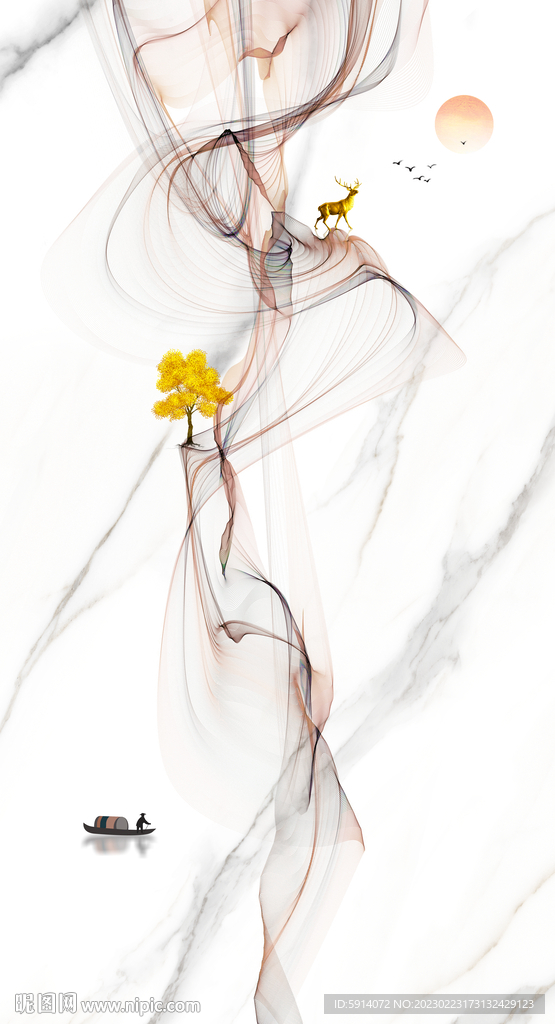 灰白根大理石玄关背景墙抽象弧线