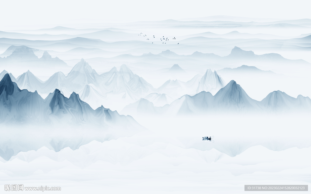 蓝色大气水墨山水画