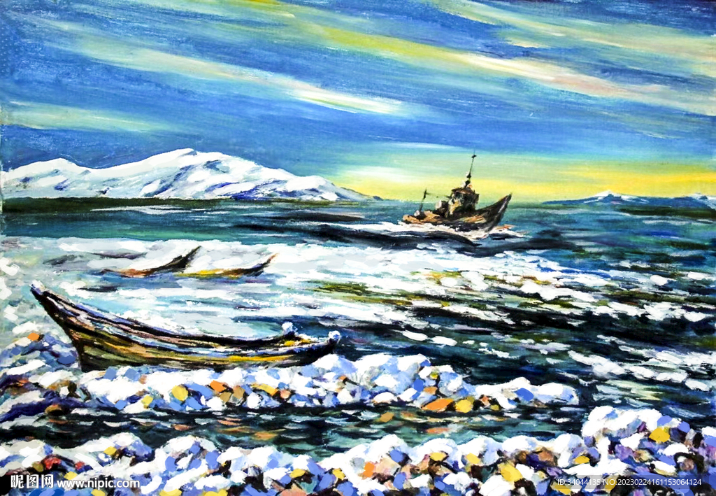 大海小船油画