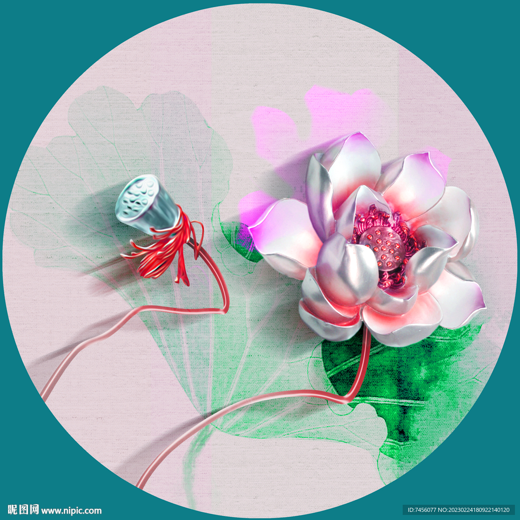 水彩莲花唯美圆形挂画装饰画
