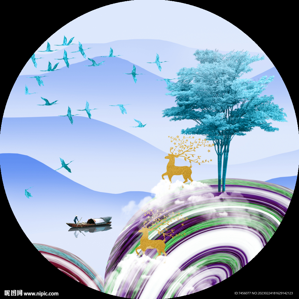 水墨山脉湖泊圆形挂画装饰画