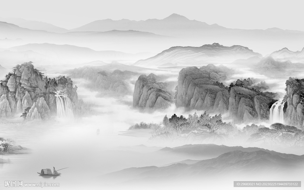 现代 高雅灰色山水 Tif分层