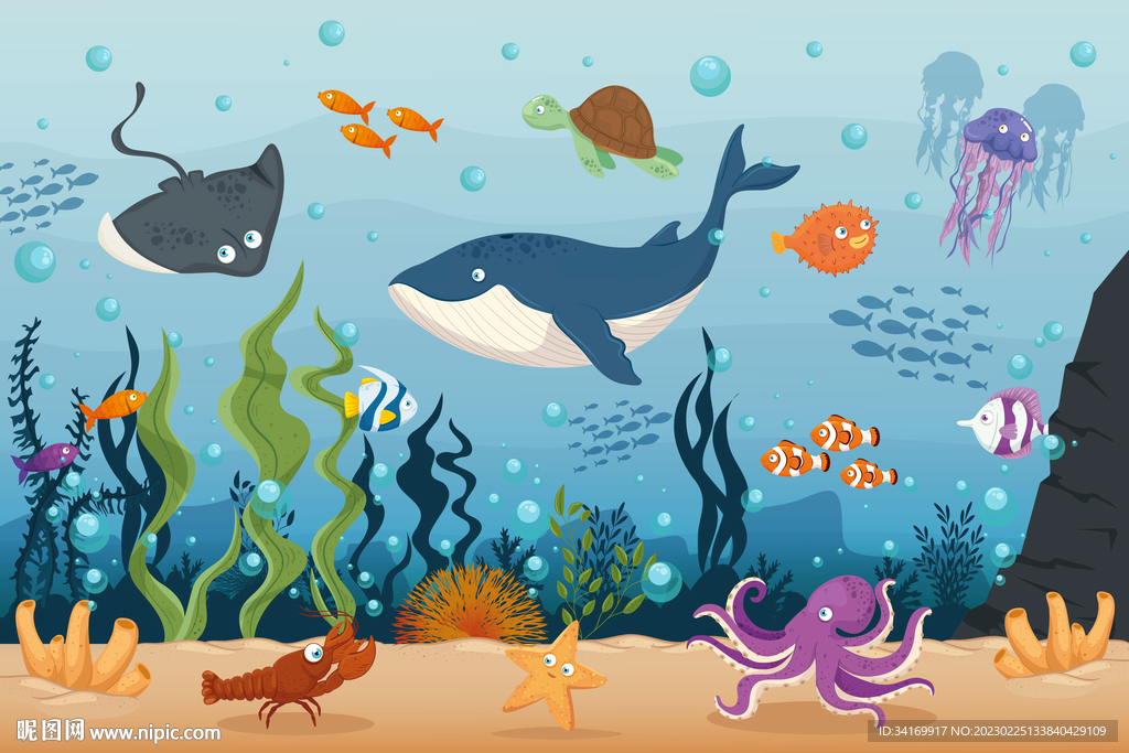 手绘海底卡通鲸鱼海洋动物背景墙