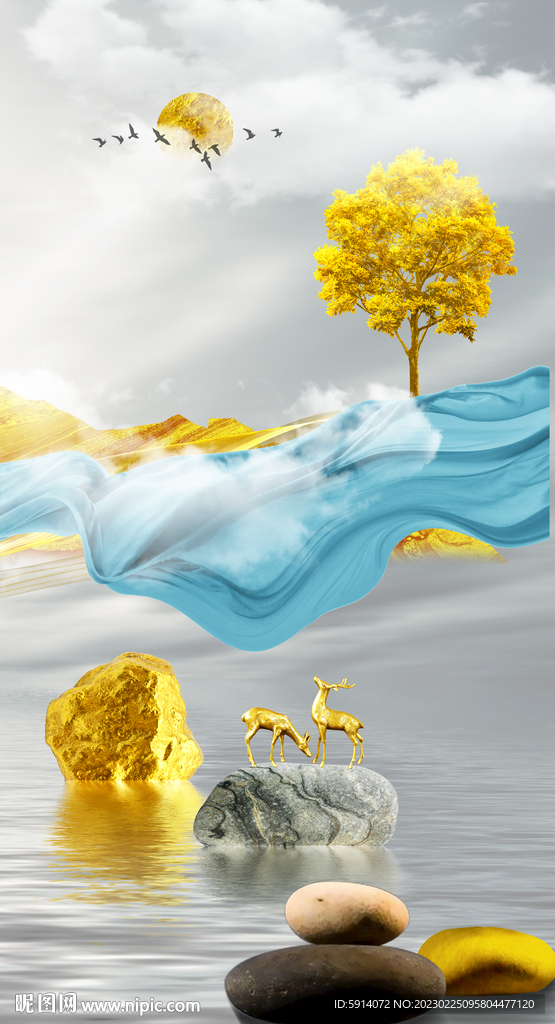 新中式山水画装饰画 石头麋鹿