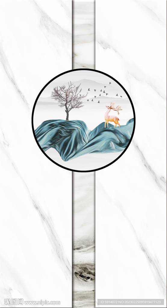 山水画 灰白根大理石玄关背景墙