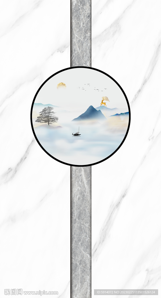 山水画 灰白根大理石玄关背景墙