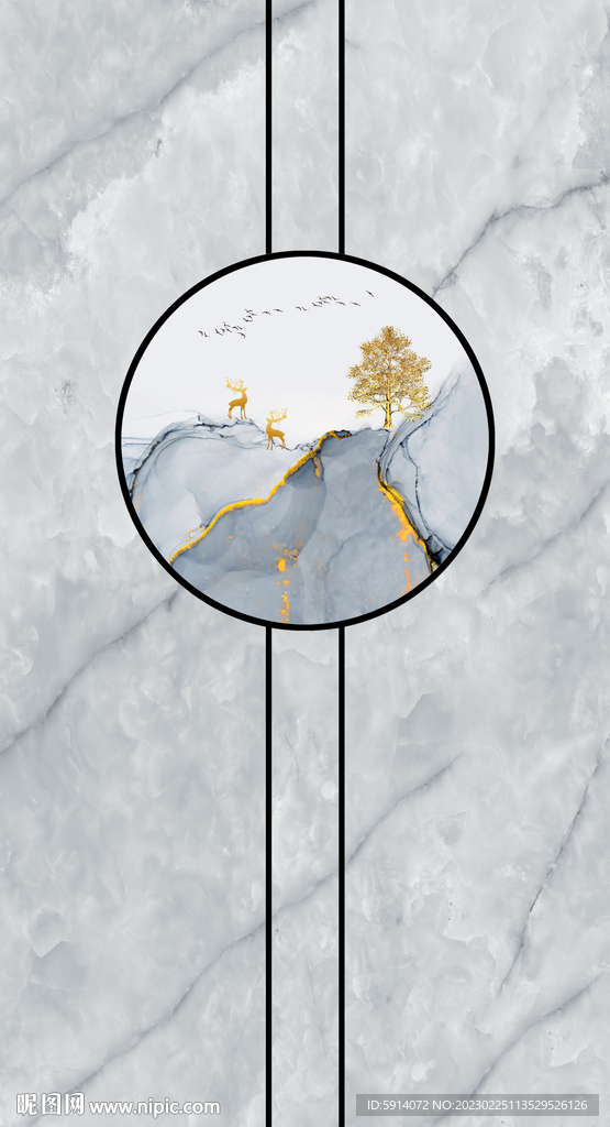 山水画 灰白根大理石玄关背景墙