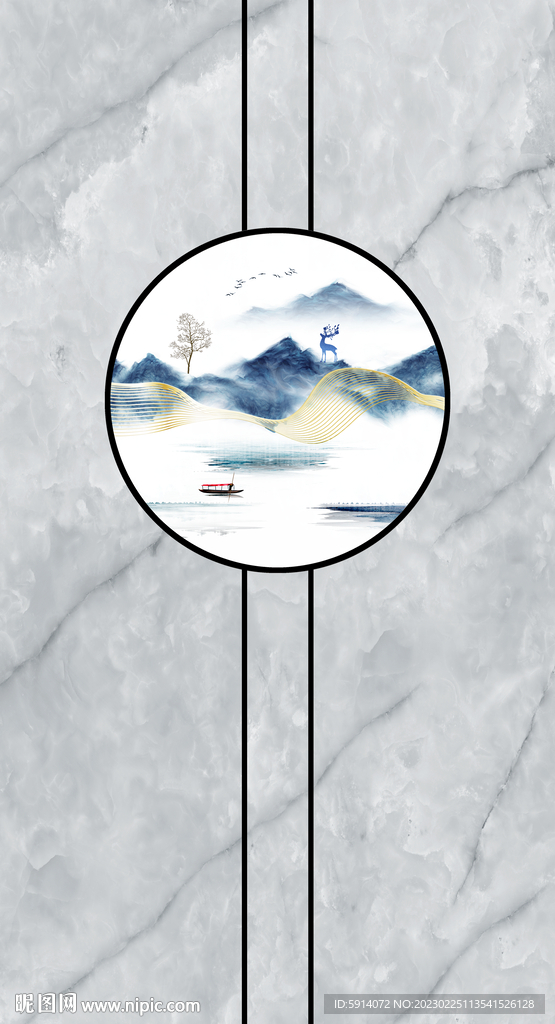 山水画 灰白根大理石玄关背景墙