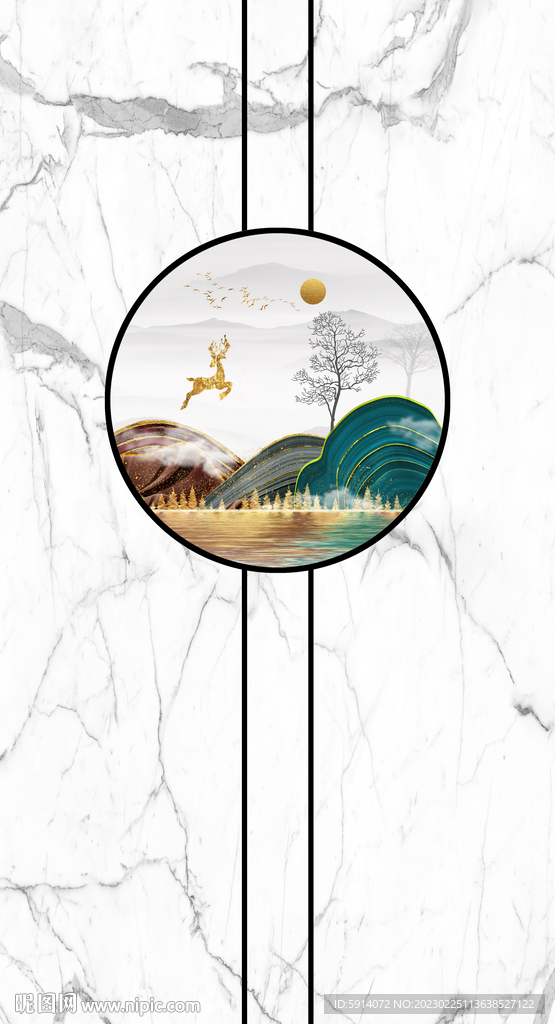 山水画 灰白根大理石玄关背景墙