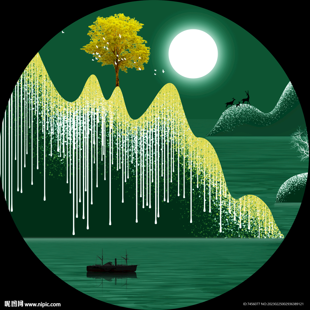 唯美湖泊山脉圆形挂画装饰画