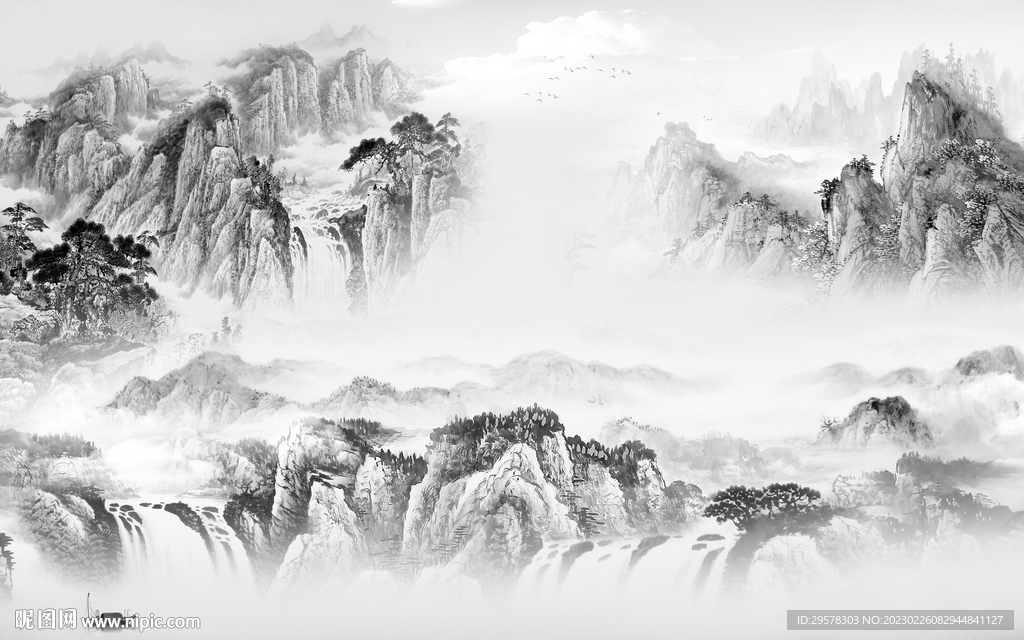 高清 灰色新画山水 tIf分层