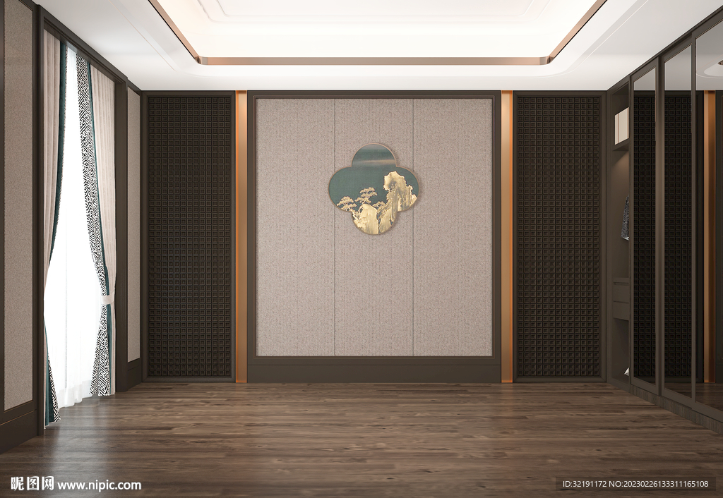 新中式卧室背景墙 空场景