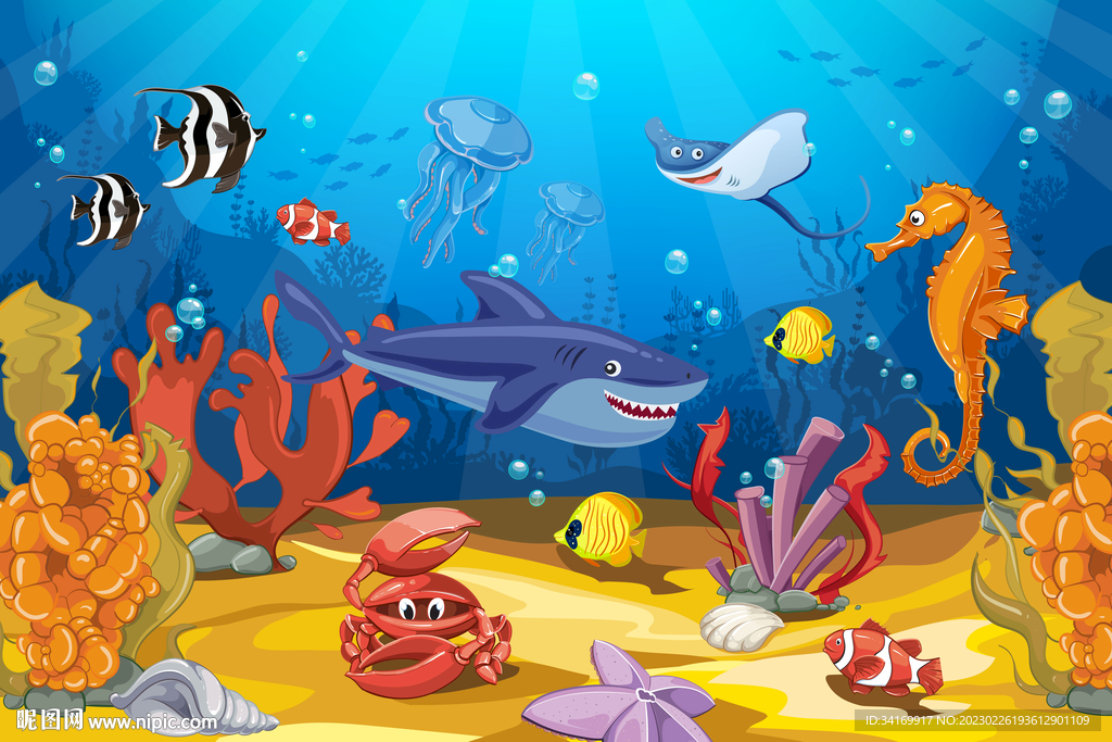 卡通鲨鱼珊瑚热带鱼海底世界背景