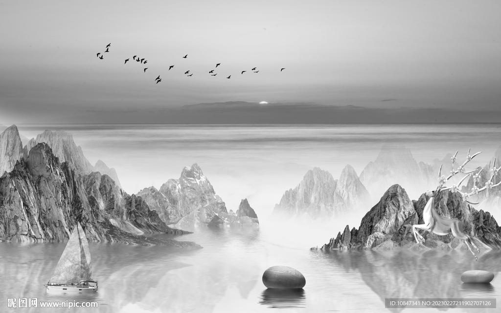 高清 灰色客厅山水 tIf分层