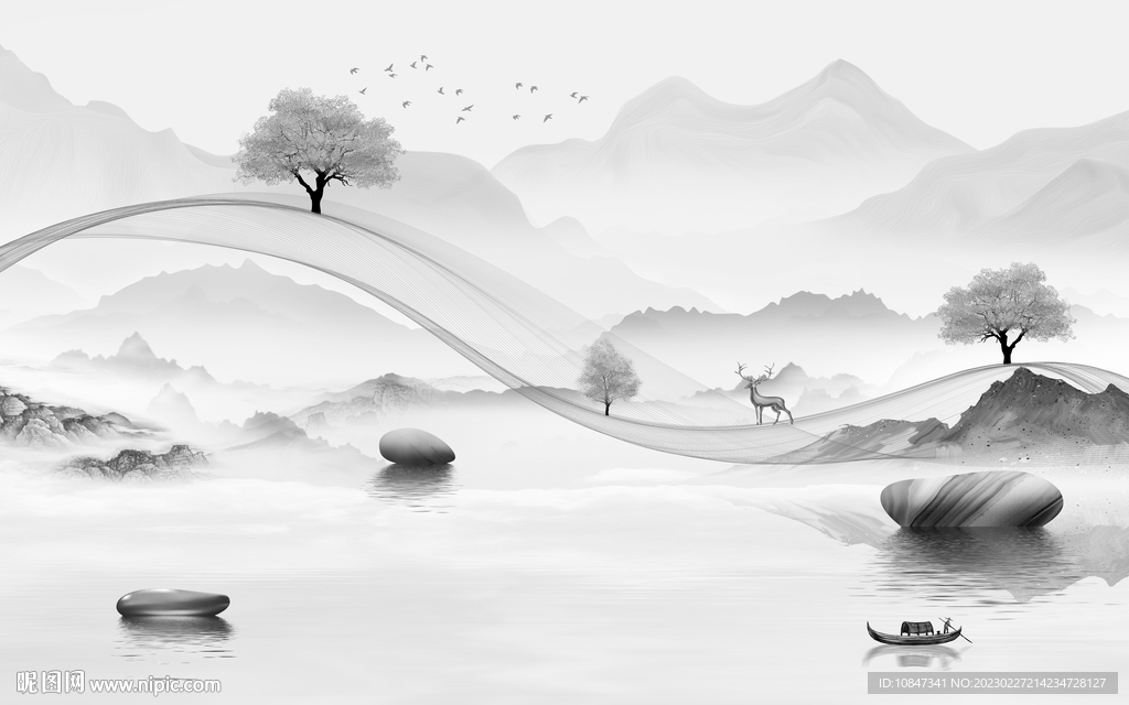 意境 中式灰色山水 TIf分层