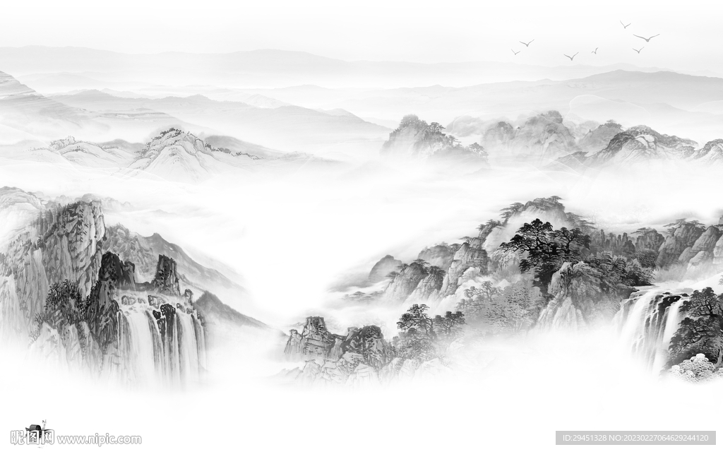 爆款 客厅灰色山水 Tif分层