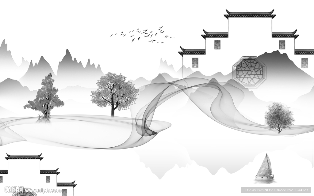 简约 客厅灰色山水 Tif分层